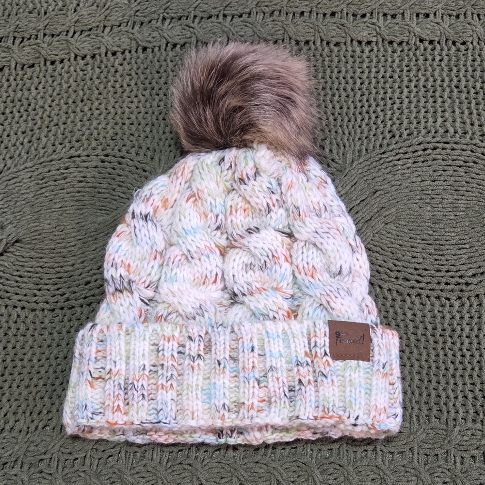 Framed! Chunky Knit Beanie With Fur Pom Pom Womens